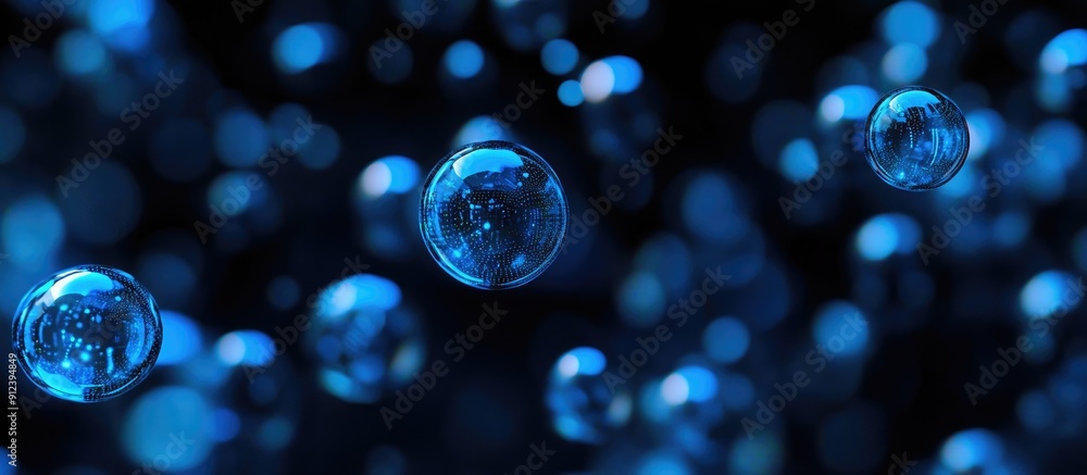 Poster blue bubbles on a black background representing technology computing and digital interface concepts