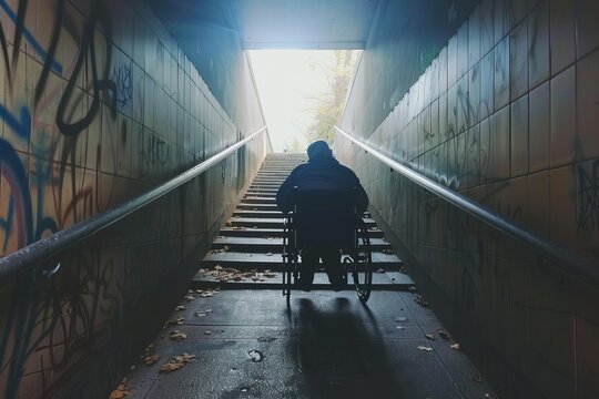 Person using a wheelchair is facing an inaccessible underpass, highlighting the challenges faced by disabled individuals