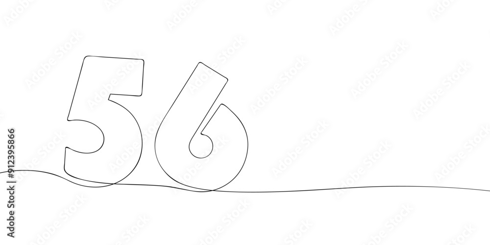 Poster a single line drawing of a fifty six symbol. continuous line fifty sixth number icon. one line icon.