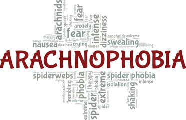 Arachnophobia: Fear of Spiders word cloud conceptual design isolated on white background.