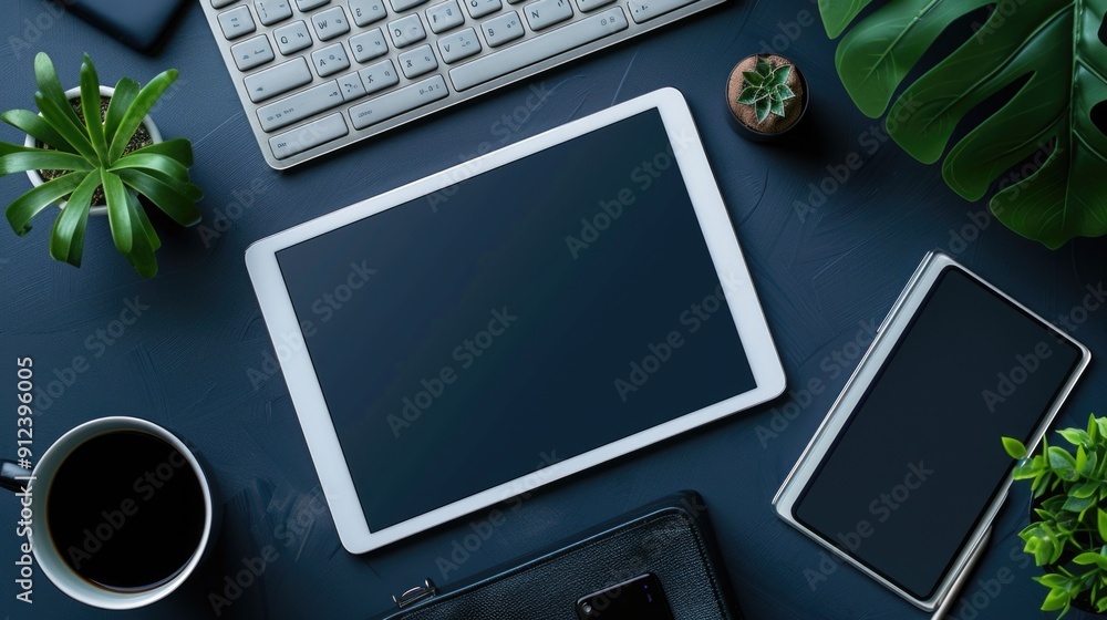 Poster A tablet computer sits next to a keyboard on a desk, great for remote work or learning