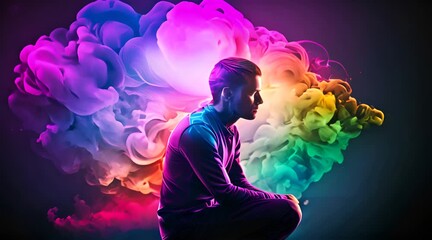 man with colorful cloud over his head has a creative idea