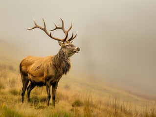 Stag with majestic antlers in the morning mist