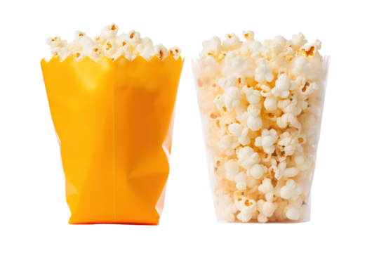 A Crispy Contrast: Yellow Bag and Clear Cup Overflowing With Fresh Popcorn on a White or Clear Surface PNG Transparent Background - Powered by Adobe