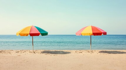 Sunny day at the beach with two brightly colored umbrellas and a calm sea, perfect setting for a tranquil seaside escape, vacation relaxation