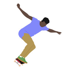 Fototapeta premium Dynamic silhouette of skateboarder performing mid-air trick. Іmage of skate flip trick. Colored vector illustration of silhouette. Fluid motion and athletic skateboarding skill