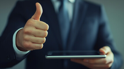A businessman giving a thumbs-up gesture while looking at a tablet or computer screen, indicating satisfaction with the servici