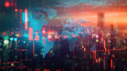 Obraz premium Abstract double exposure colorful business graph with a city in the background