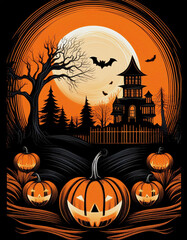 Pumpkins near a church on halloween night