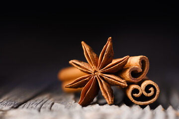 Star anise and two cinnamon sticks close up. Food photography