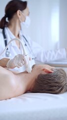 Doctor woman with white medical gloves performing neck ultrasound exam on male patient. Thyroid gland examination. Medicine concept