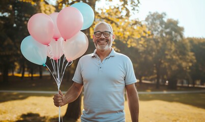 smiling middle-aged man holding pastel blue and pink birthday balloons in a park, celebrating a joyful occasion outdoors