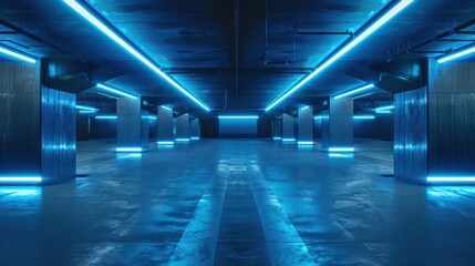 Fototapeta premium A large empty corridor room with blue lights on the ceiling