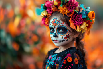 Child with face paint celebrating the day of the dead wearing a colorful flower crown