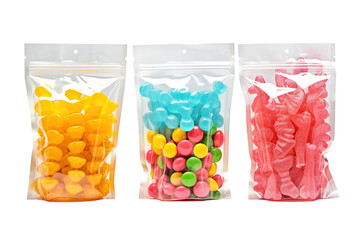 Colorful Candies in Clear Stand Up Pouches With Zippers on a White or Clear Surface PNG Transparent Background