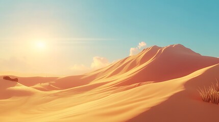 Naklejka premium Vast, arid desert, golden sand dunes, endless horizons, high quality, photorealistic, tranquil, remote, camel caravan, nomadic, breathtaking, clear blue sky, oasis, desert 