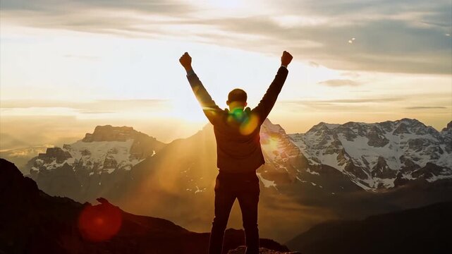 Hiker Man Standing on Top of Mountain Peak