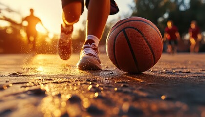 School sports, dynamic action, vibrant colors, educational setting, energetic