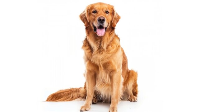 A funny golden retriever is laying on a white background