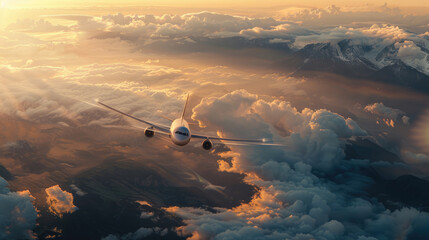 Aircraft in flight over a mountainous terrain