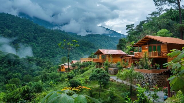 A lush green landscape with a cottage nestled in nature. AI generated illustration