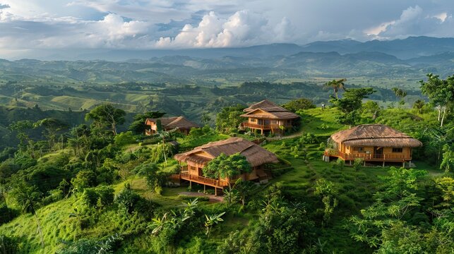 A lush green landscape with a cottage nestled in nature. AI generated illustration - Powered by Adobe