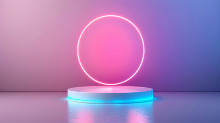 Obraz premium A neon pink and blue circle is on a white pedestal.