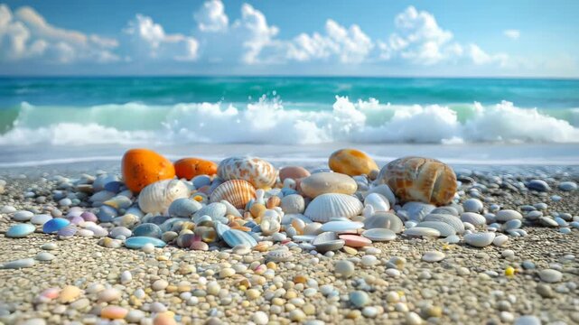 Vibrant beach with seashells and pebbles by crashing waves