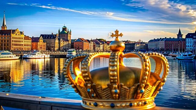 Golden Crown Overlooking a City Harbor.