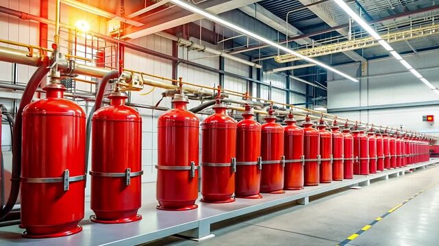 Red Fire Suppression System Tanks in a Warehouse.