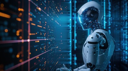 A futuristic robot is looking at a computer screen with a lot of lines and dots