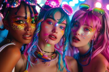 Obraz premium Three friends at a vibrant neon party with colorful face paint.