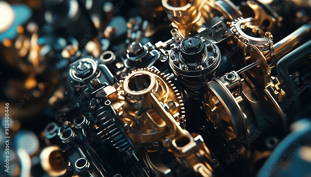 Poster close-up of a shiny engine's complex mechanism
