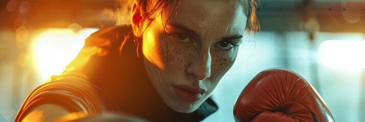 Naklejka premium Intense female boxer practicing in gym under dramatic lighting during evening training session