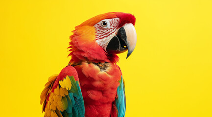Fototapeta premium Close-up of a colorful macaw on yellow background. Generative AI.