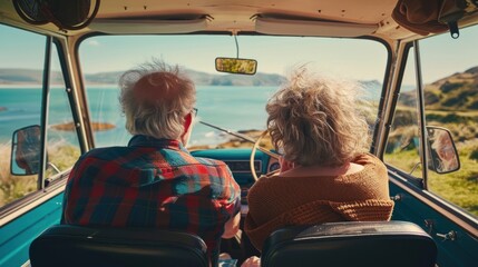 A senior couple traveling is taking a picture of the ocean from the back of a car