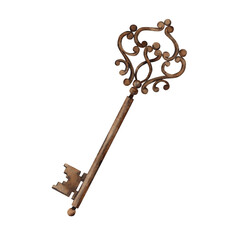 Old antique copper metal key. Hand drawn watercolor illustration on isolated background in vintage style. Picture is suitable for postcards, different designs, fabric, packaging, wallpaper, stickers