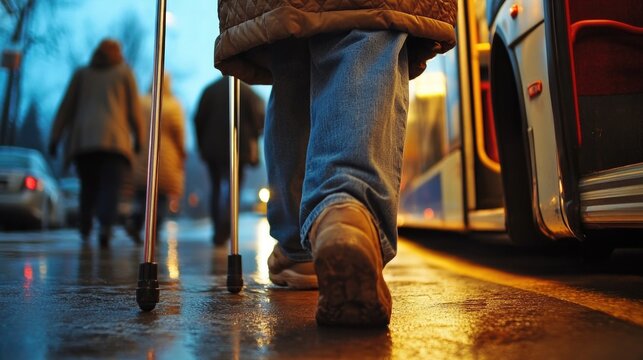 Senior Passenger Boarding Accessible Public Bus with Walking Cane, Close-Up Shot of Elderly Person Using Public Transit