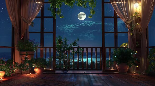 Cozy room with a comfortable sofa and a large window revealing a full moon night landscape, with the moonlight casting a gentle glow Seamless looping 4k time-lapse virtual video animation Generated AI