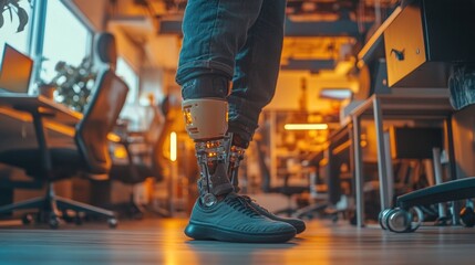 Embracing Workplace Inclusion: Close-Up of Individual with Prosthetic Leg Standing at Desk