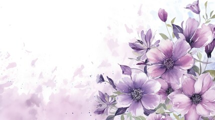 Watercolour background with delicate pink-purple floral arrangement on white backdrop. 