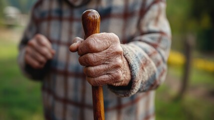 Close-up Portrait of Senior Holding Walking Stick - Independence and Mobility Aid Concept