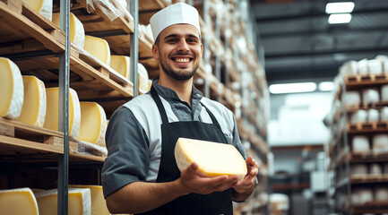 A cheesemaker, wearing a white shirt and a white hat holding a round of aged cheese in the warehouse. Generative AI.