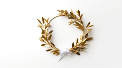 Obraz premium Modern minimalist christmas design, simple circle wreath with golden leaves stems and white ribbon. Card with copy space. 