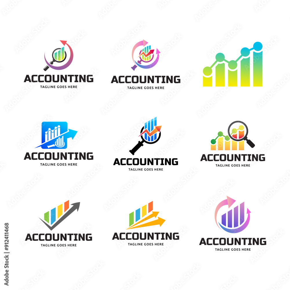 Poster set of vector logo combination of a graph and magnifier