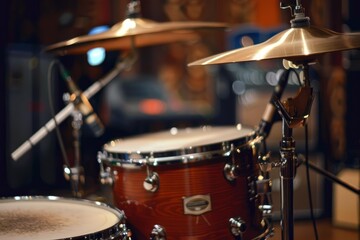Professional drum set is shown on stage, awaiting the start of a recording session