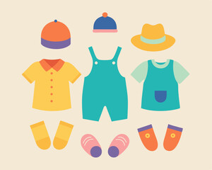 A set of cute and colorful cartoon illustrations of baby clothes, perfect for adding a whimsical touch to your designs. This adorable collection includes a shirt, overalls, a hat, socks, and shoes.