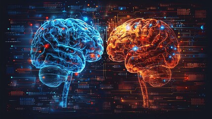 Obraz premium Left and right human brain with social infographic on logical side. Creative half and logic half of human mind. Vector illustration aboud social communication and business work