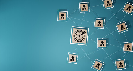 Black dartboard and black arrow connection linkage with human icon for customer focus target group...