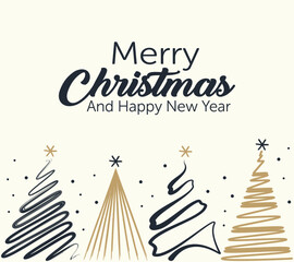 Christmas and New Year card with a minimalist design, elegant text "Merry Christmas And Happy New Year," and stylized Christmas trees in black and gold on a white background